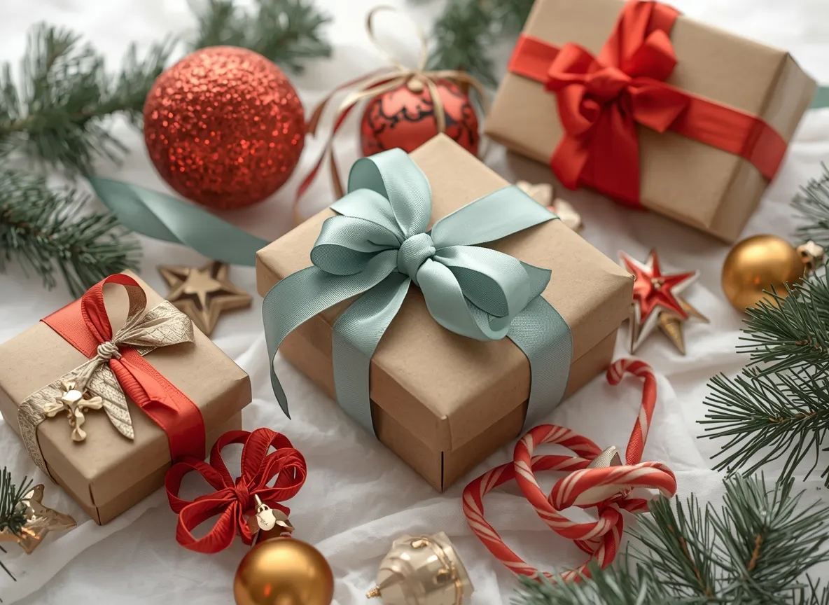 Gift box crafting supplies with ribbons and decorations